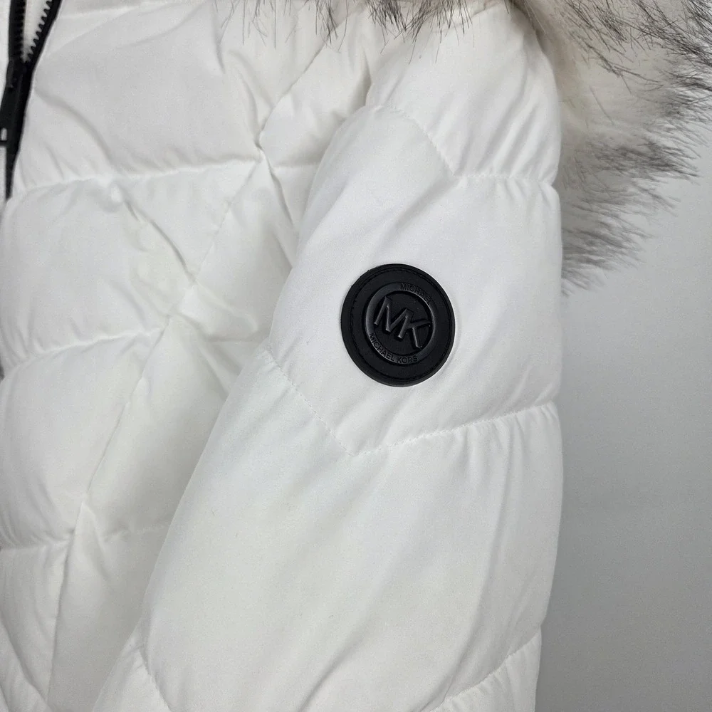 Michael Kors Puffer Jacket Detachable Hood MK White Faux Fur Trim M Quilted